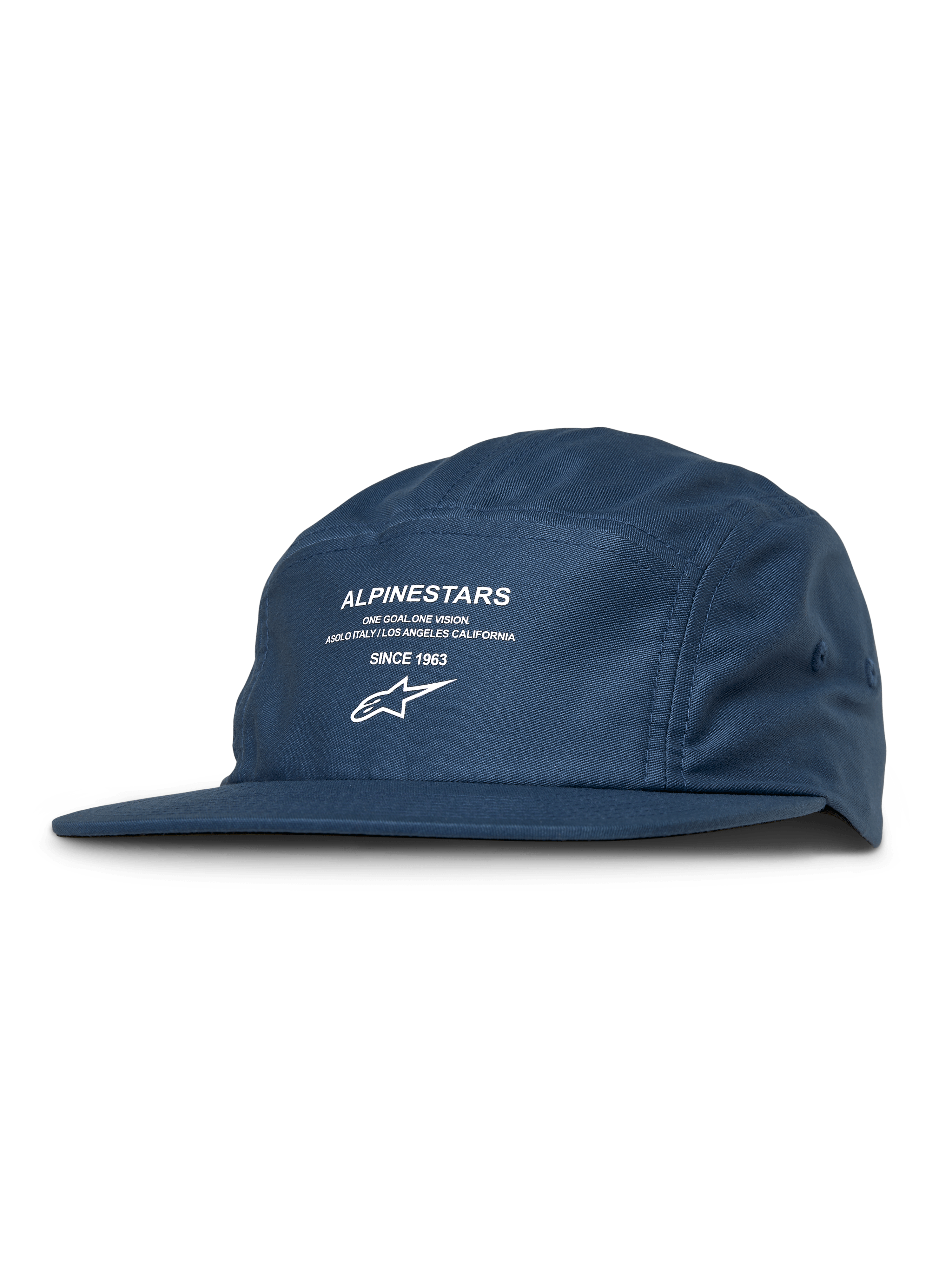 Alpinestars Peasy Hat, gorra jockey de 5 paneles, azul, estampado gráfico blanco con logotipo y texto, visera plana, corona sin estructura, ropa urbana casual de estilo automovilístico