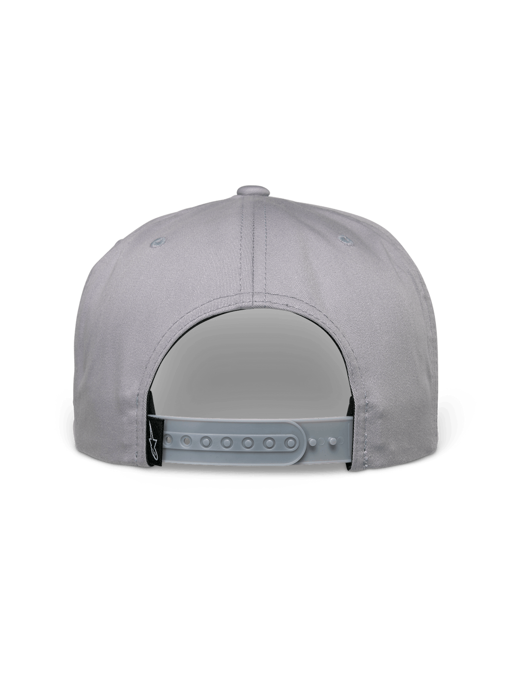 Gorra Alpinestars Glphy, gorra snapback, gris, vista posterior con cierre snapback ajustable, etiqueta de logo tejida en negro, diseño de corona estructurada para estilo urbano casual