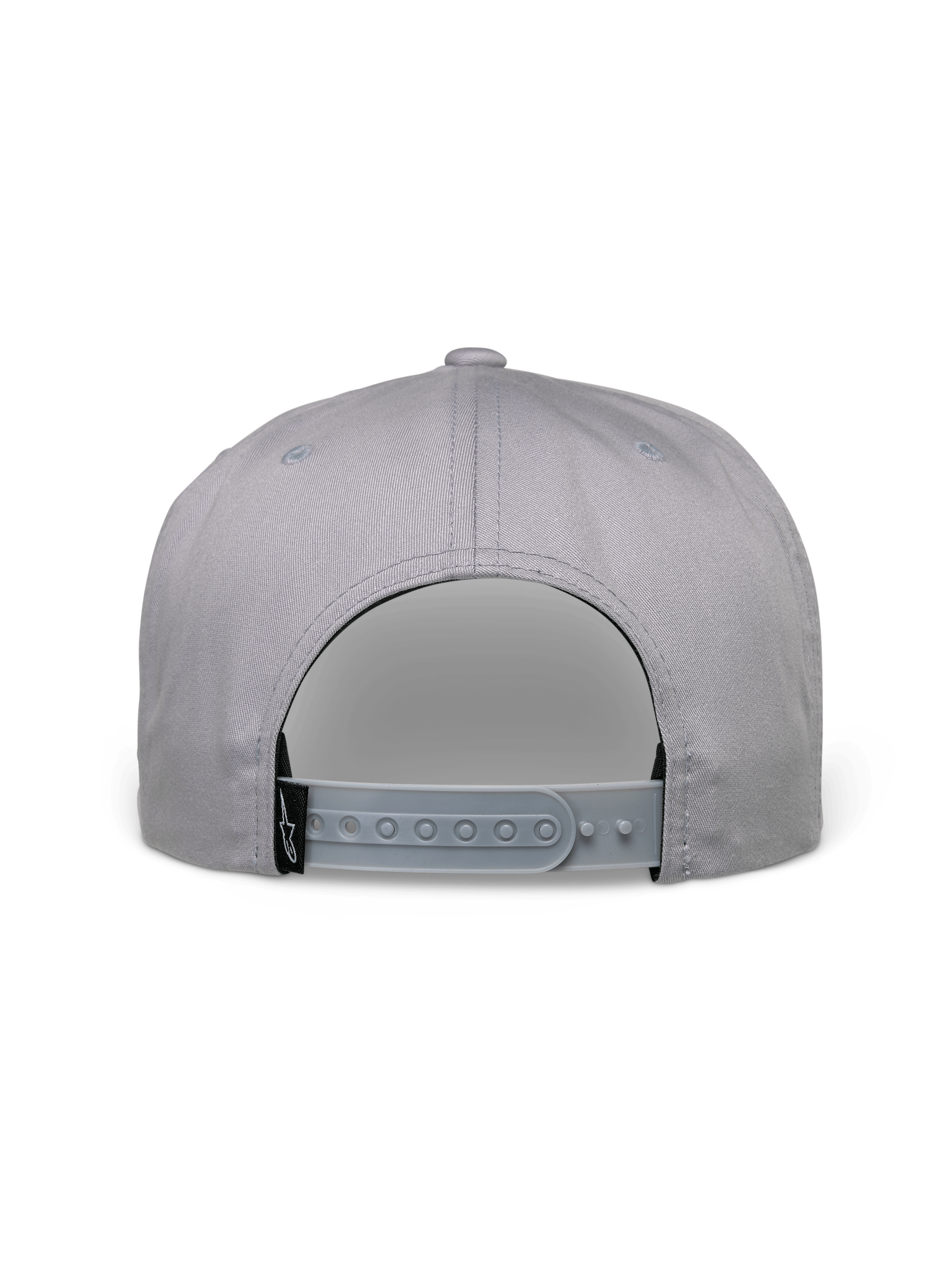 Gorra Alpinestars Glphy, gorra snapback, gris, vista posterior con cierre snapback ajustable, etiqueta de logo tejida en negro, diseño de corona estructurada para estilo urbano casual