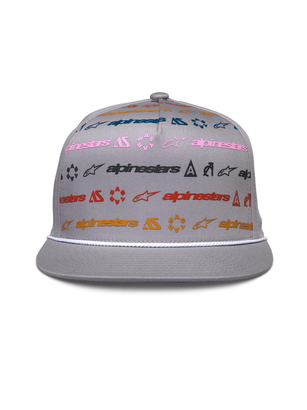 Alpinestars Glphy Hat, gorra gris de visera plana tipo snapback, corona estructurada con impresión horizontal de logotipos multicolores, ribete de cuerda blanca en la visera, gorra casual inspirada en el automovilismo