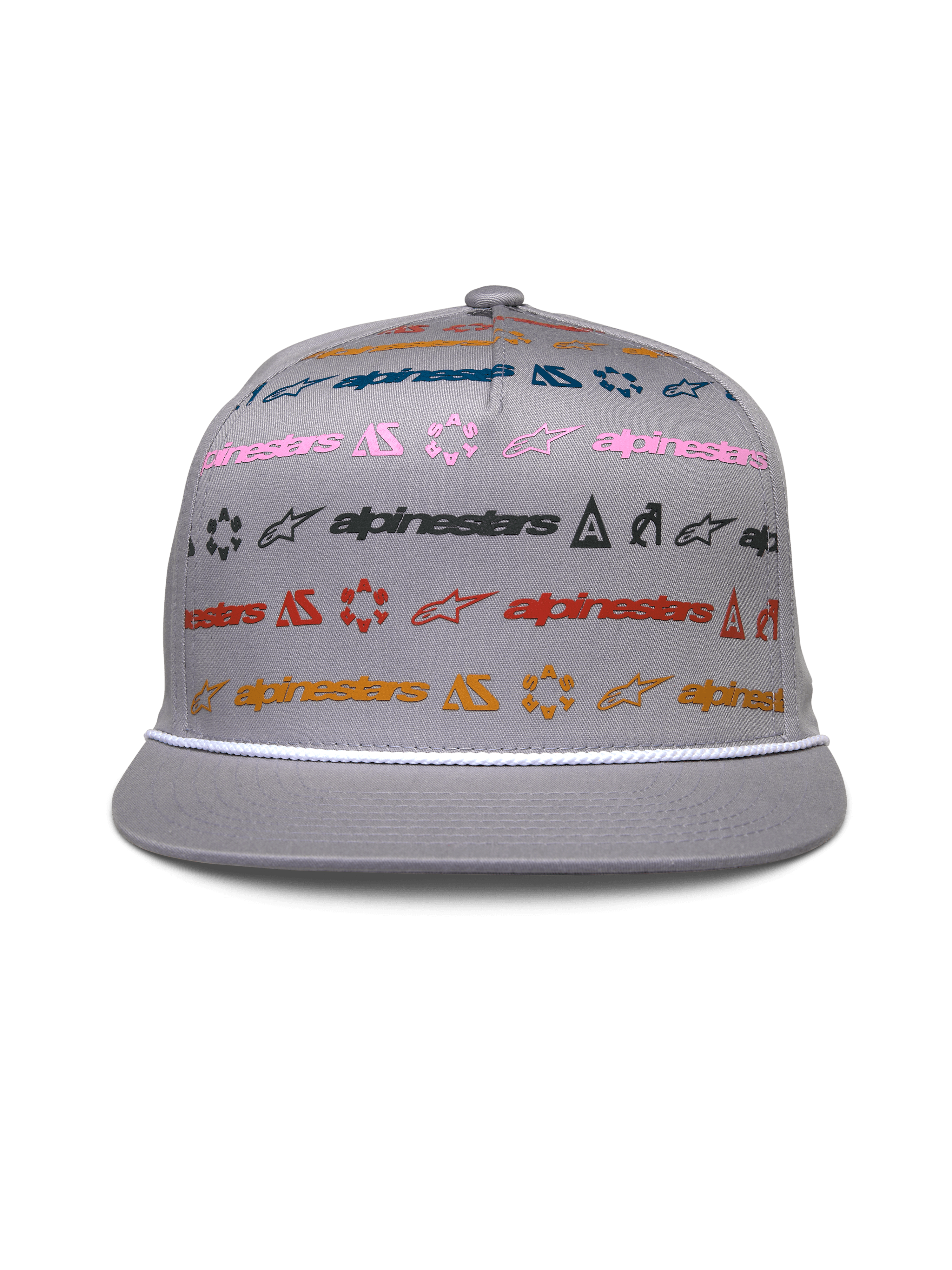 Alpinestars Glphy Hat, gorra gris de visera plana tipo snapback, corona estructurada con impresión horizontal de logotipos multicolores, ribete de cuerda blanca en la visera, gorra casual inspirada en el automovilismo