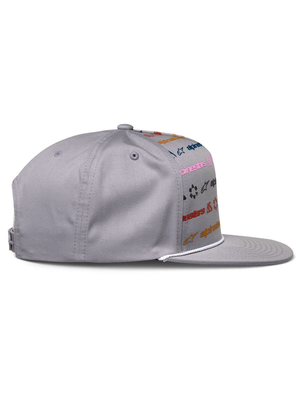 Gorra Alpinestars Glphy, gris, snapback de visera plana con estampado de logotipos multicolores, ribete de cuerda blanca en la visera, corona estructurada, accesorio casual inspirado en el automovilismo