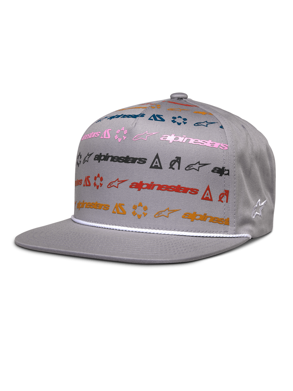 Alpinestars Glphy Hat, gorra gris de visera plana, diseño con estampado de múltiples logotipos coloridos en rosa, azul, rojo y naranja, detalle de cordón blanco sobre la visera, corona estructurada con logotipo de estrella bordado en el lateral