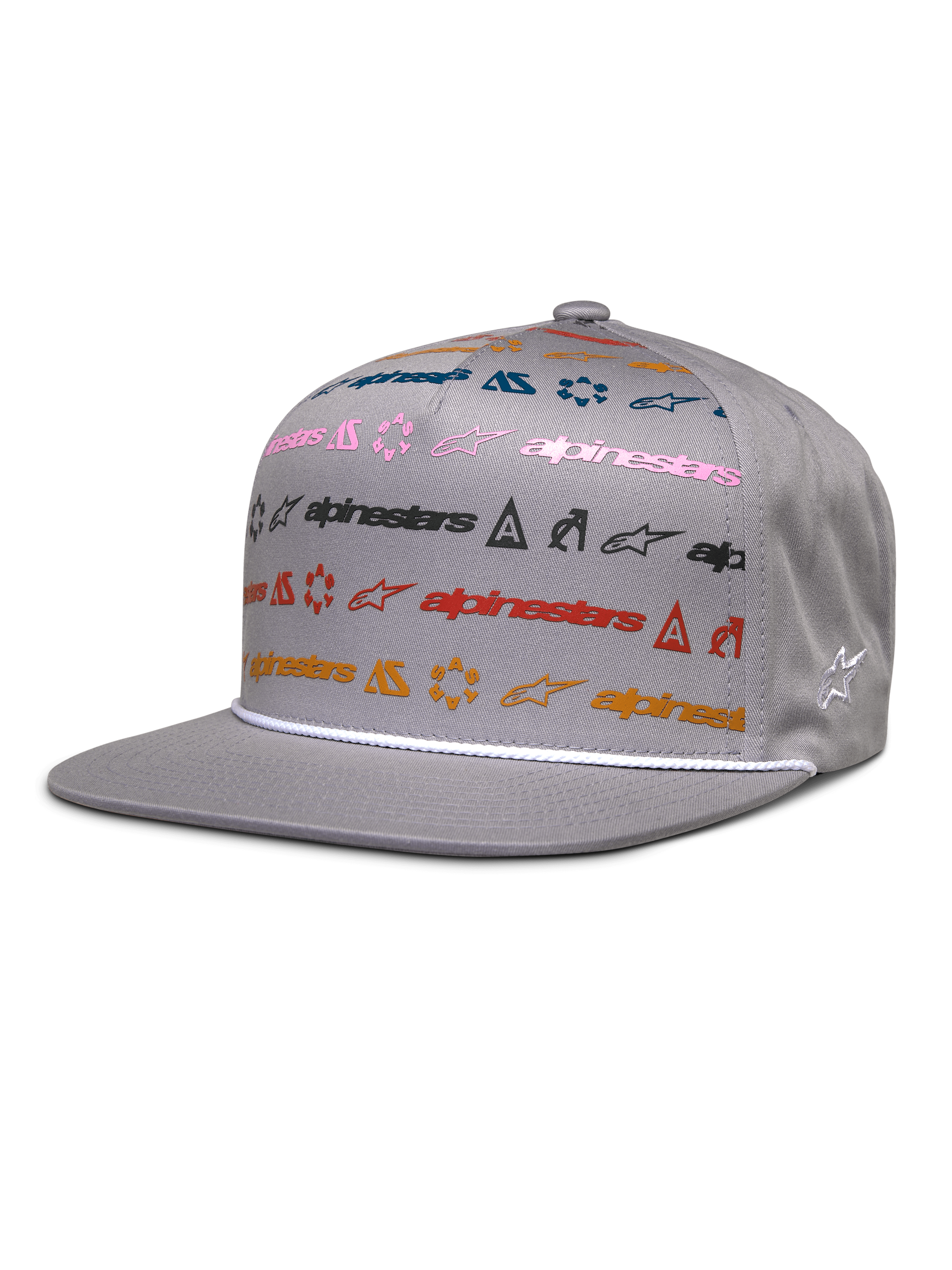 Alpinestars Glphy Hat, gorra gris de visera plana, diseño con estampado de múltiples logotipos coloridos en rosa, azul, rojo y naranja, detalle de cordón blanco sobre la visera, corona estructurada con logotipo de estrella bordado en el lateral
