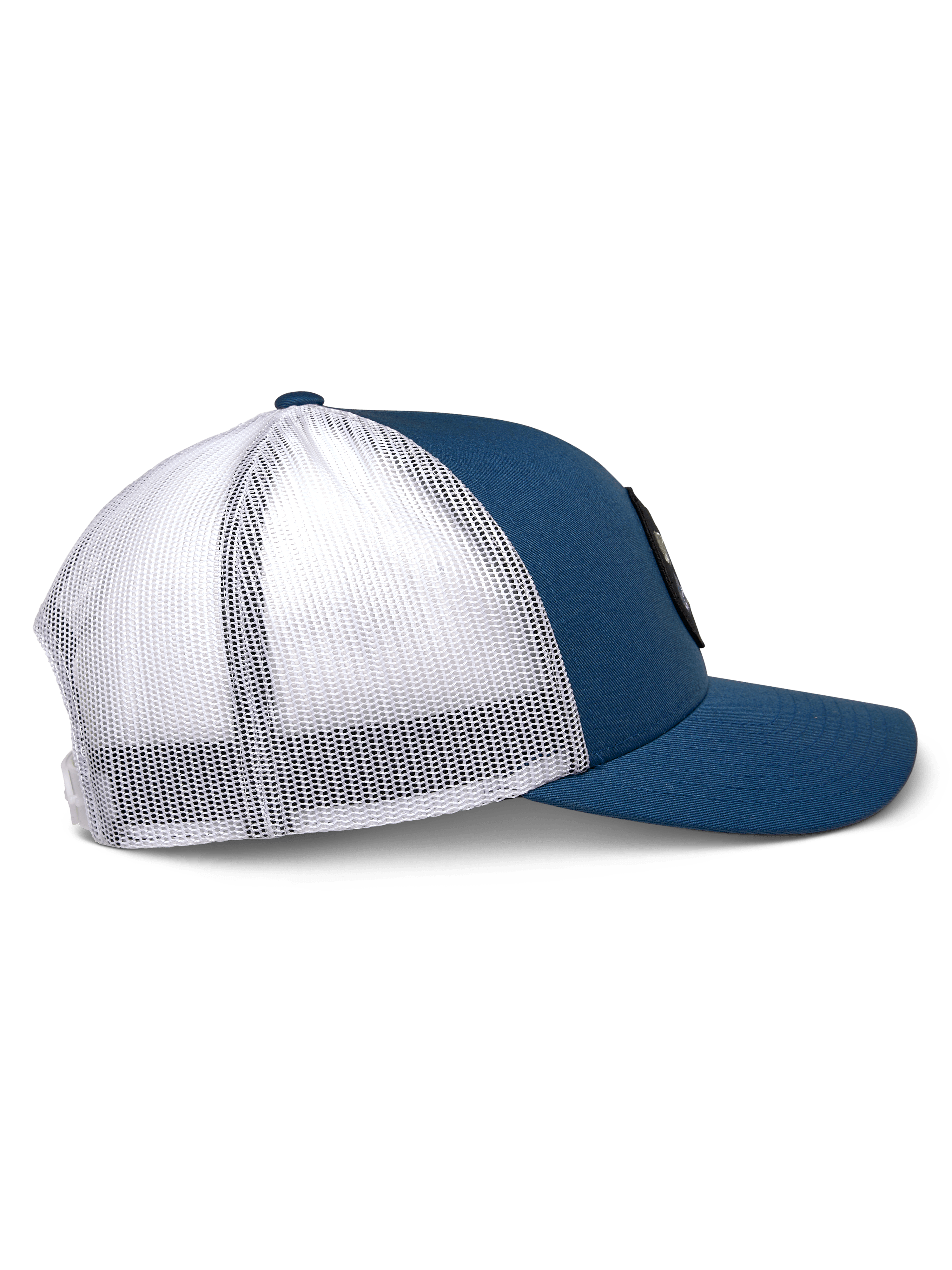 Alpinestars Gambit Trucker Hat, Blue and White, side profile view, curved bill with structured crown, blue twill front panels and white poly mesh back, casual motorsport-inspired headwear