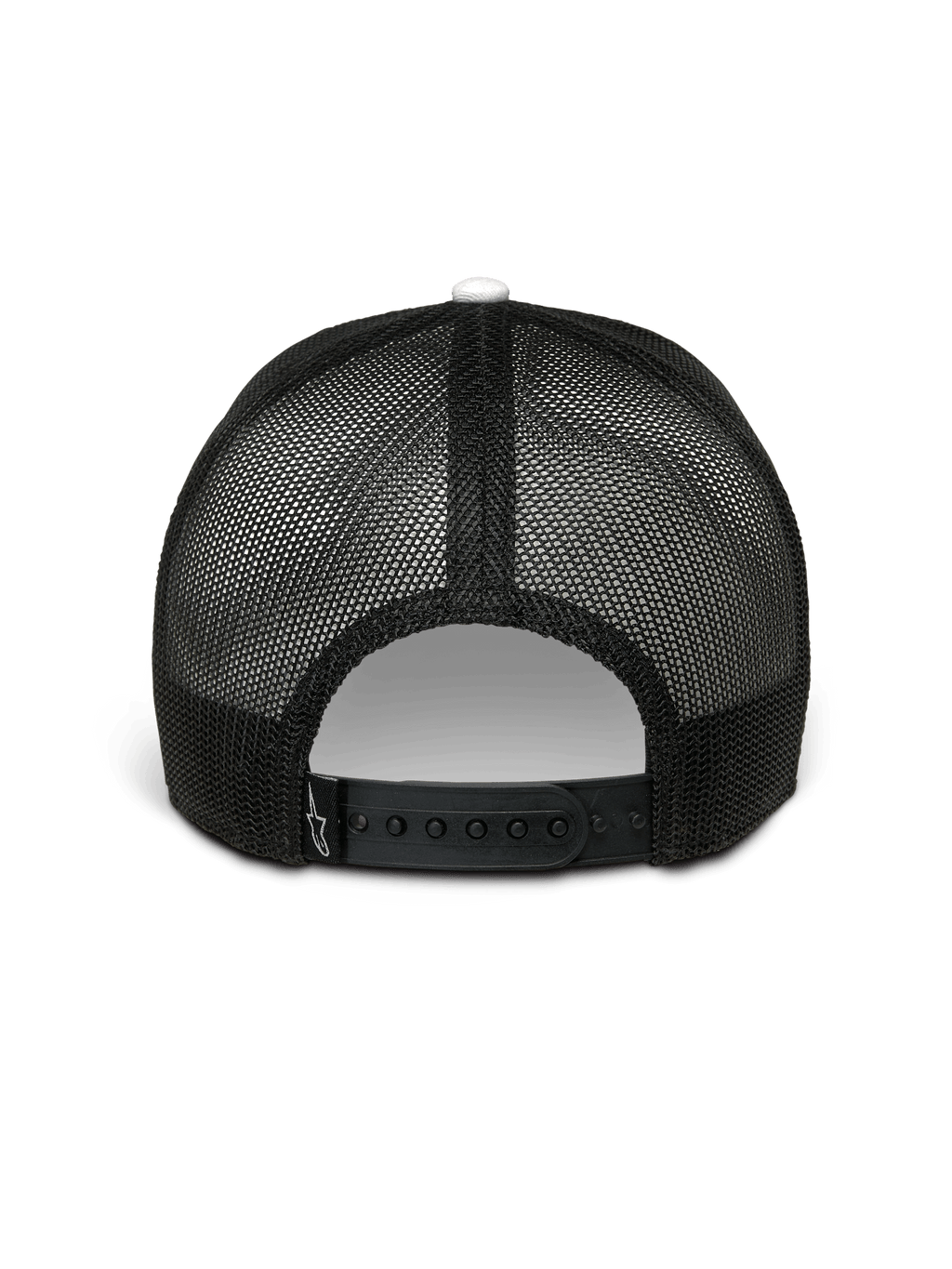 Gorra Trucker Hardware de Alpinestars, blanca y negra, vista trasera, parte trasera de malla de poliéster negra con cierre snapback ajustable, con un pequeño logotipo blanco de Alpinestars en la correa, estilo casual motorsport