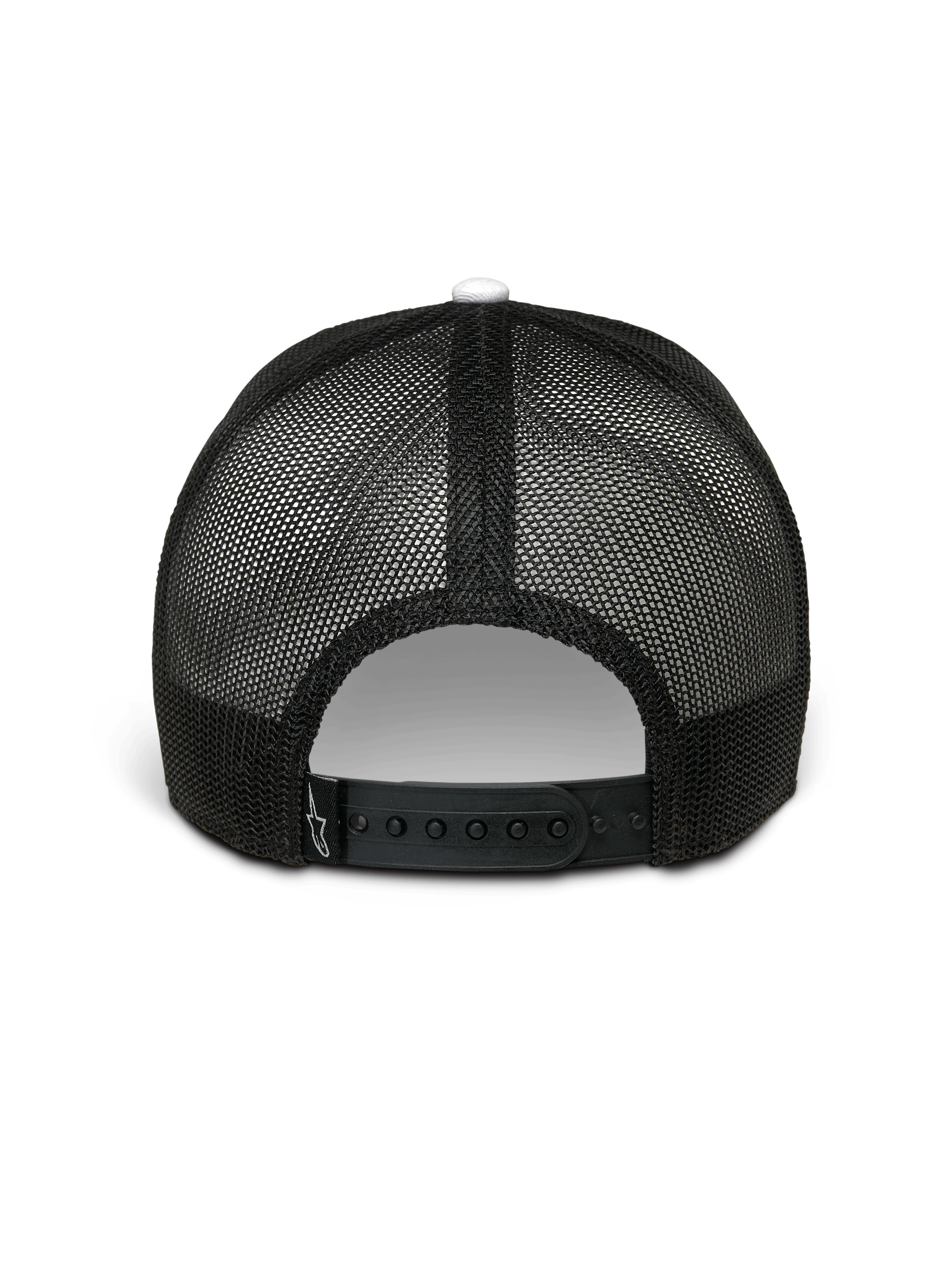 Gorra Trucker Hardware de Alpinestars, blanca y negra, vista trasera, parte trasera de malla de poliéster negra con cierre snapback ajustable, con un pequeño logotipo blanco de Alpinestars en la correa, estilo casual motorsport
