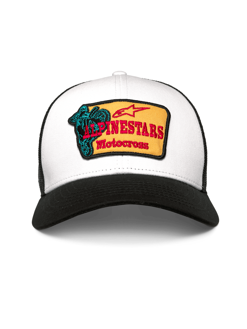 Gorra Trucker Hardware de Alpinestars, gorra tipo trucker, blanca y negra, con parche bordado amarillo con texto Alpinestars Motocross en rojo y gráfico verde azulado, visera curva y parte trasera de malla transpirable, accesorio casual inspirado en el automovilismo