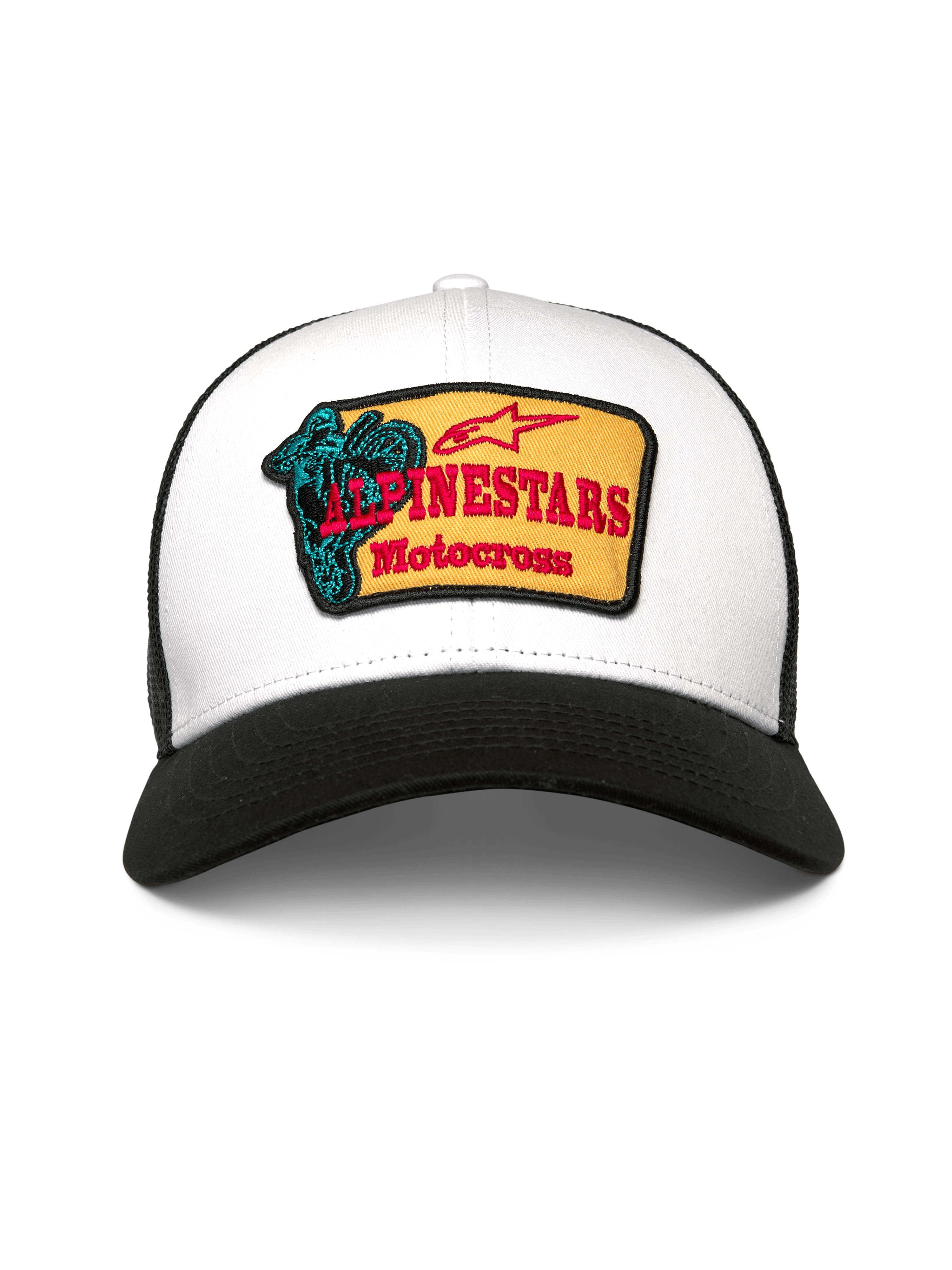 Gorra Trucker Hardware de Alpinestars, gorra tipo trucker, blanca y negra, con parche bordado amarillo con texto Alpinestars Motocross en rojo y gráfico verde azulado, visera curva y parte trasera de malla transpirable, accesorio casual inspirado en el automovilismo