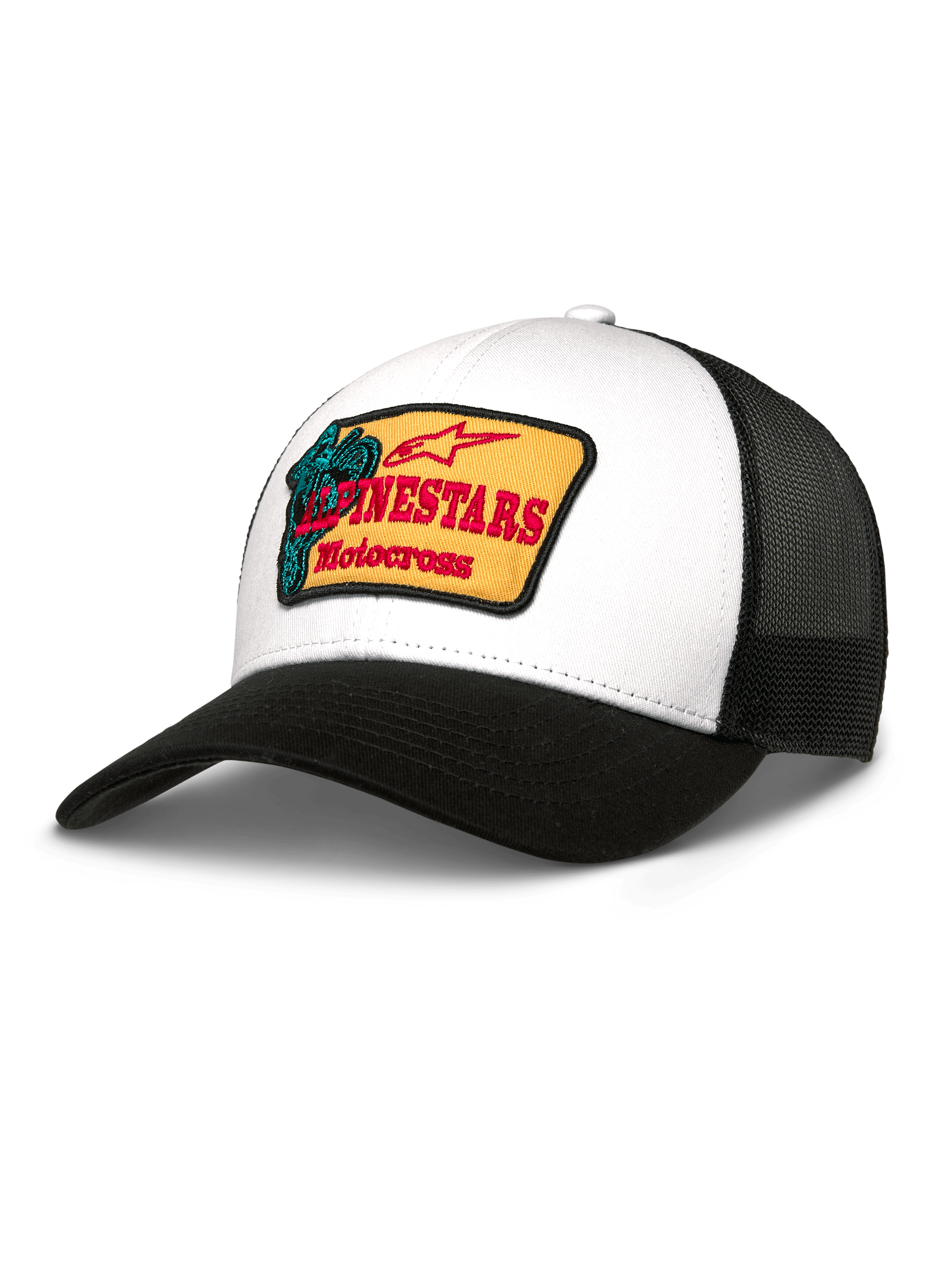 Gorra Alpinestars Hardware Trucker, frontal de sarga blanca y parte trasera de malla negra, parche bordado amarillo con marca roja y gráfico de motocross turquesa, visera curva negra, ropa deportiva casual