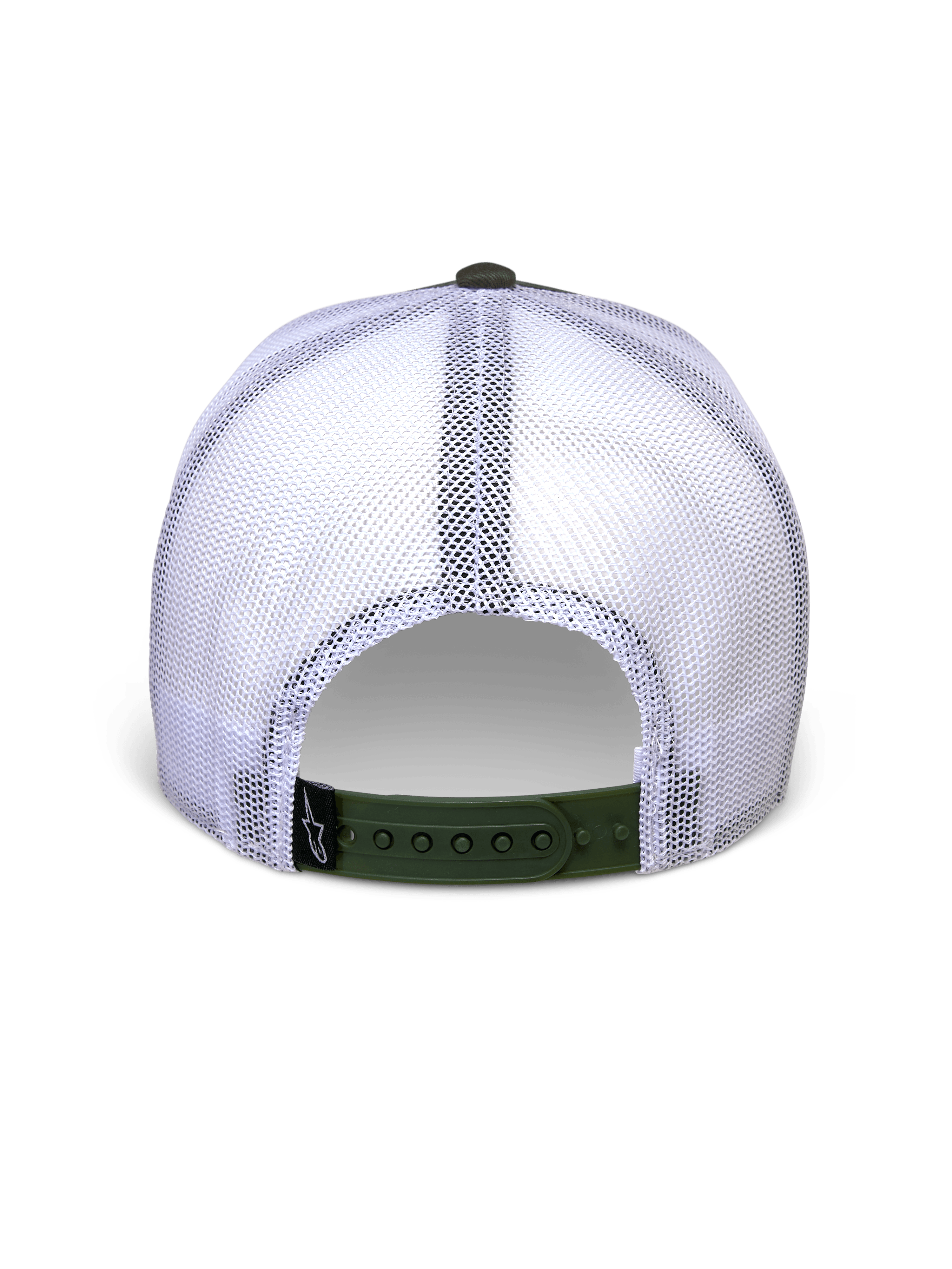 Alpinestars Hardware Trucker Hat en Military White, vista trasera con paneles de malla blanca y cierre ajustable verde oliva, pequeña etiqueta con el logo A-star en negro, accesorio informal de inspiración motorsport
