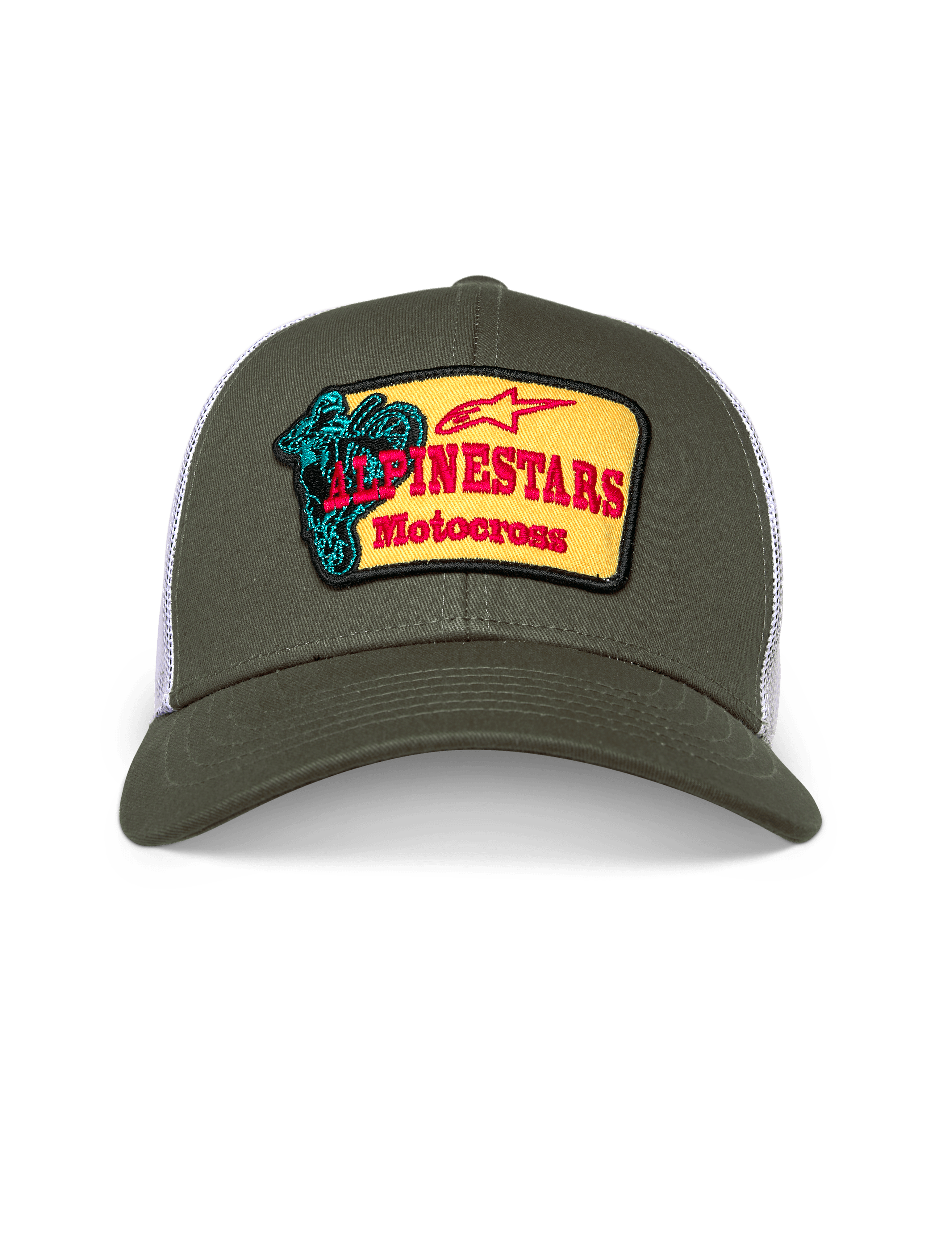 Gorra Trucker Alpinestars Hardware, gorra tipo trucker en verde oliva y blanco, corona estructurada con visera curva, parche frontal bordado en amarillo con marca Alpinestars Motocross en rojo y gráfico de piloto en verde azulado, estilo casual de motor