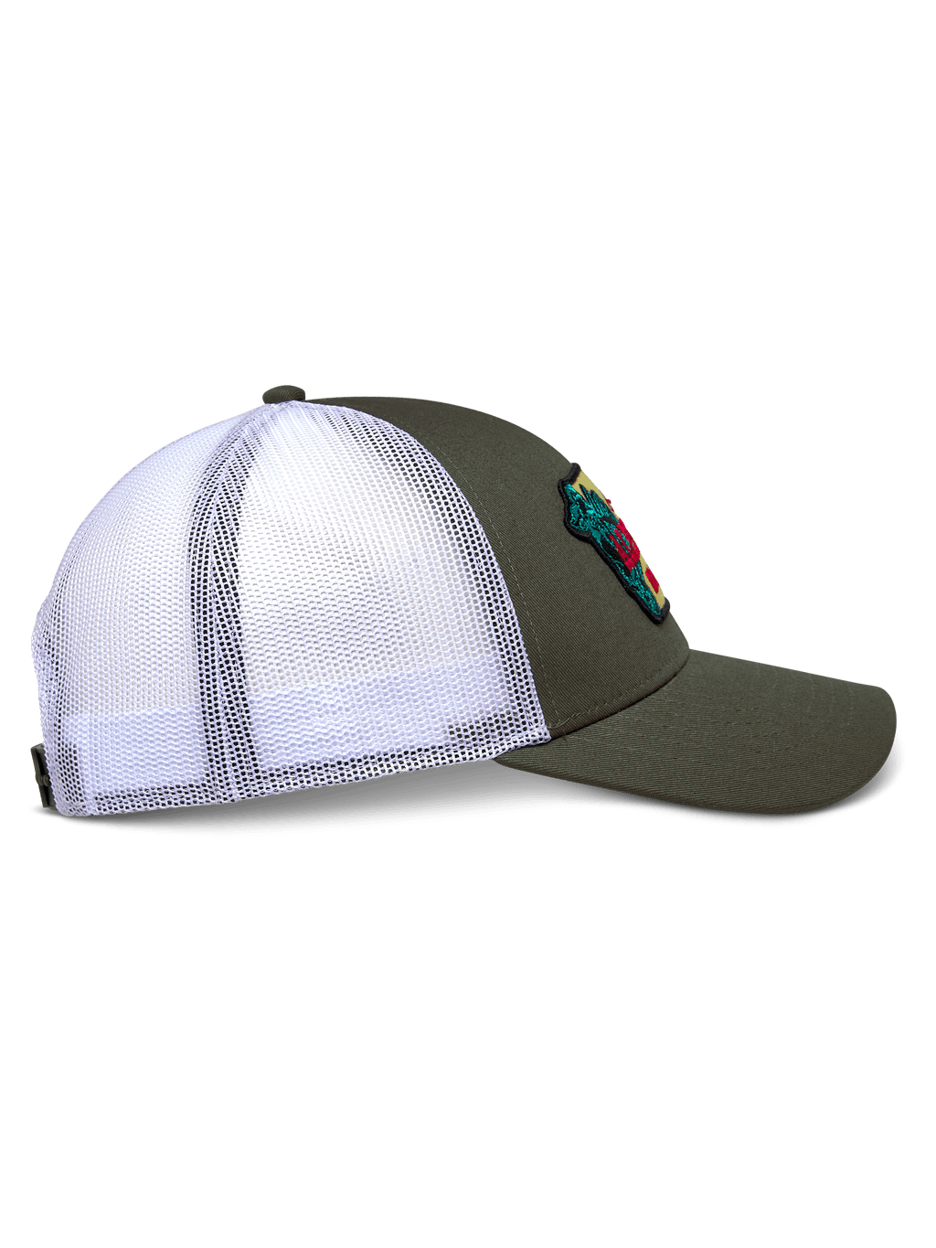 Gorra Trucker Hardware de Alpinestars, vista de perfil lateral, verde militar con parte trasera de malla blanca, visera curva y corona estructurada, con parche bordado, accesorio casual inspirado en el automovilismo