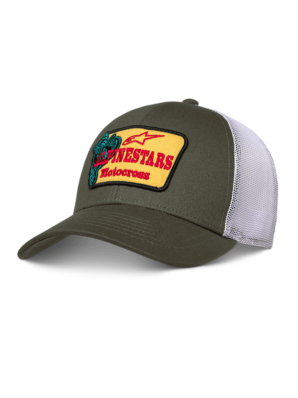 Gorra Alpinestars Hardware Trucker, verde oliva y malla blanca, parche amarillo con marca Alpinestars Motocross en rojo, visera curva, corona estructurada, ropa deportiva casual de motor