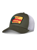 Gorra Alpinestars Hardware Trucker, verde oliva y malla blanca, parche amarillo con marca Alpinestars Motocross en rojo, visera curva, corona estructurada, ropa deportiva casual de motor
