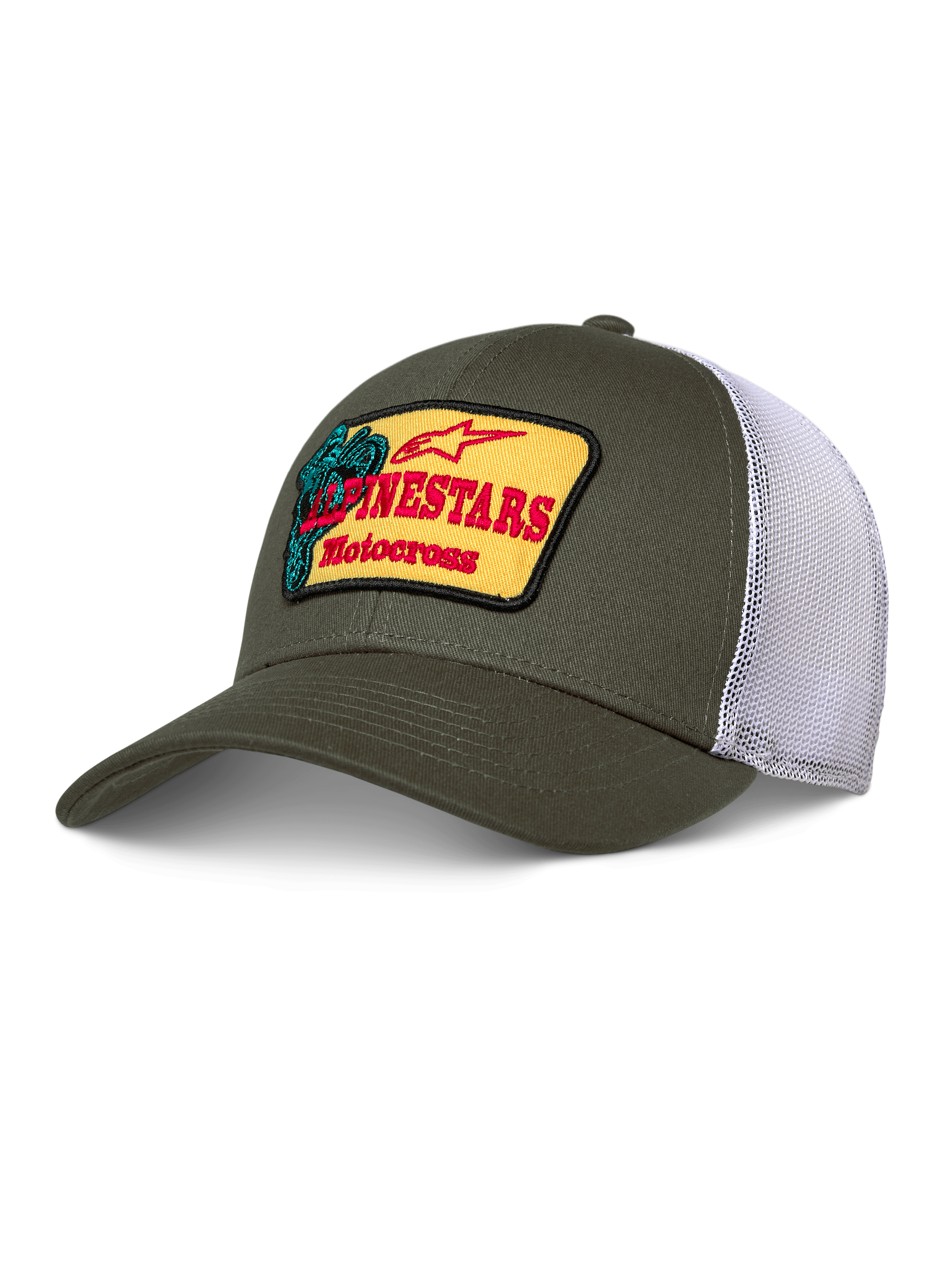Gorra Alpinestars Hardware Trucker, verde oliva y malla blanca, parche amarillo con marca Alpinestars Motocross en rojo, visera curva, corona estructurada, ropa deportiva casual de motor