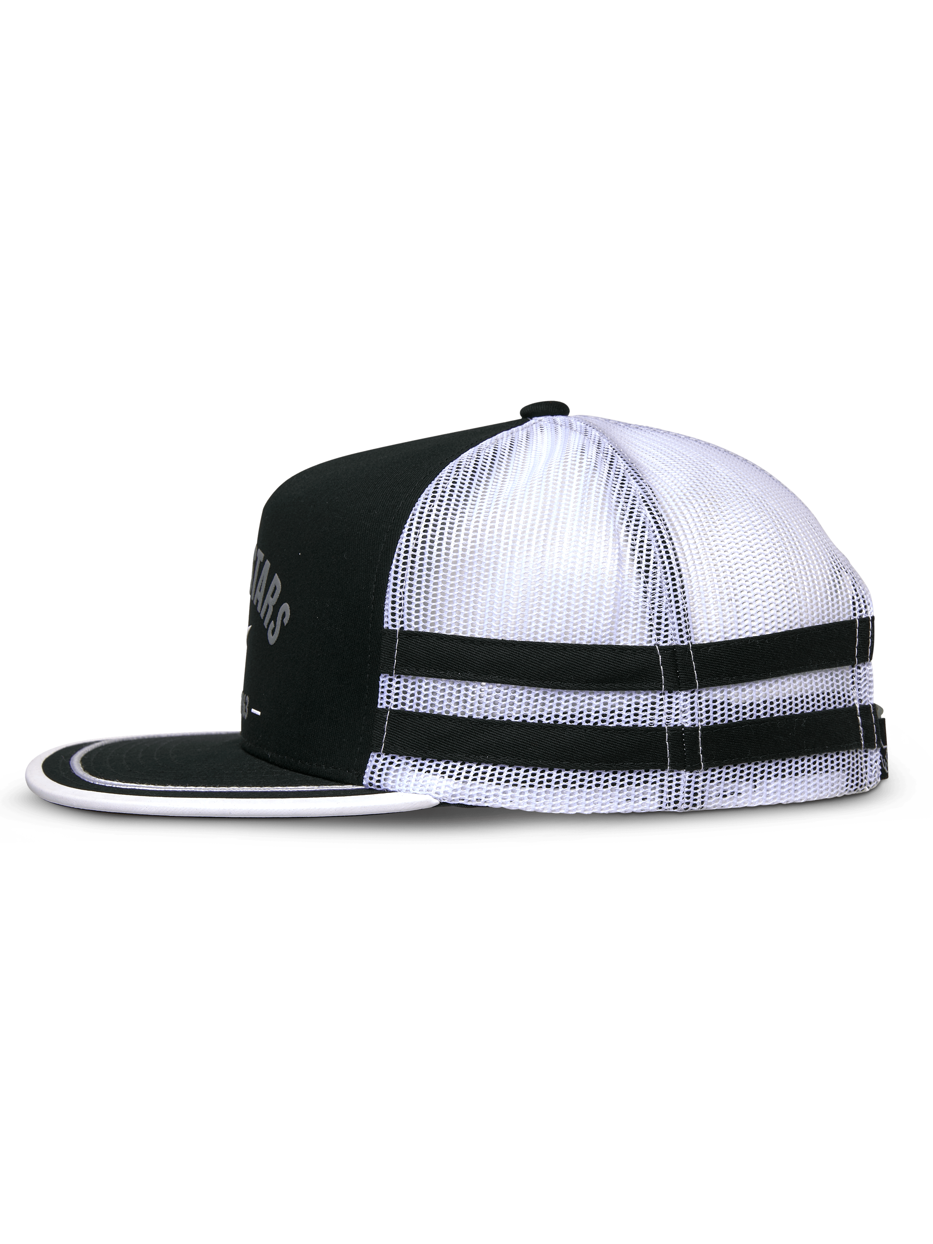 Alpinestars Backline Trucker Hat, Black and White, side profile view showing black twill front and white mesh back, flat bill with white suttache trim, double black applique stripes on the side, motorsport-inspired casual hat.