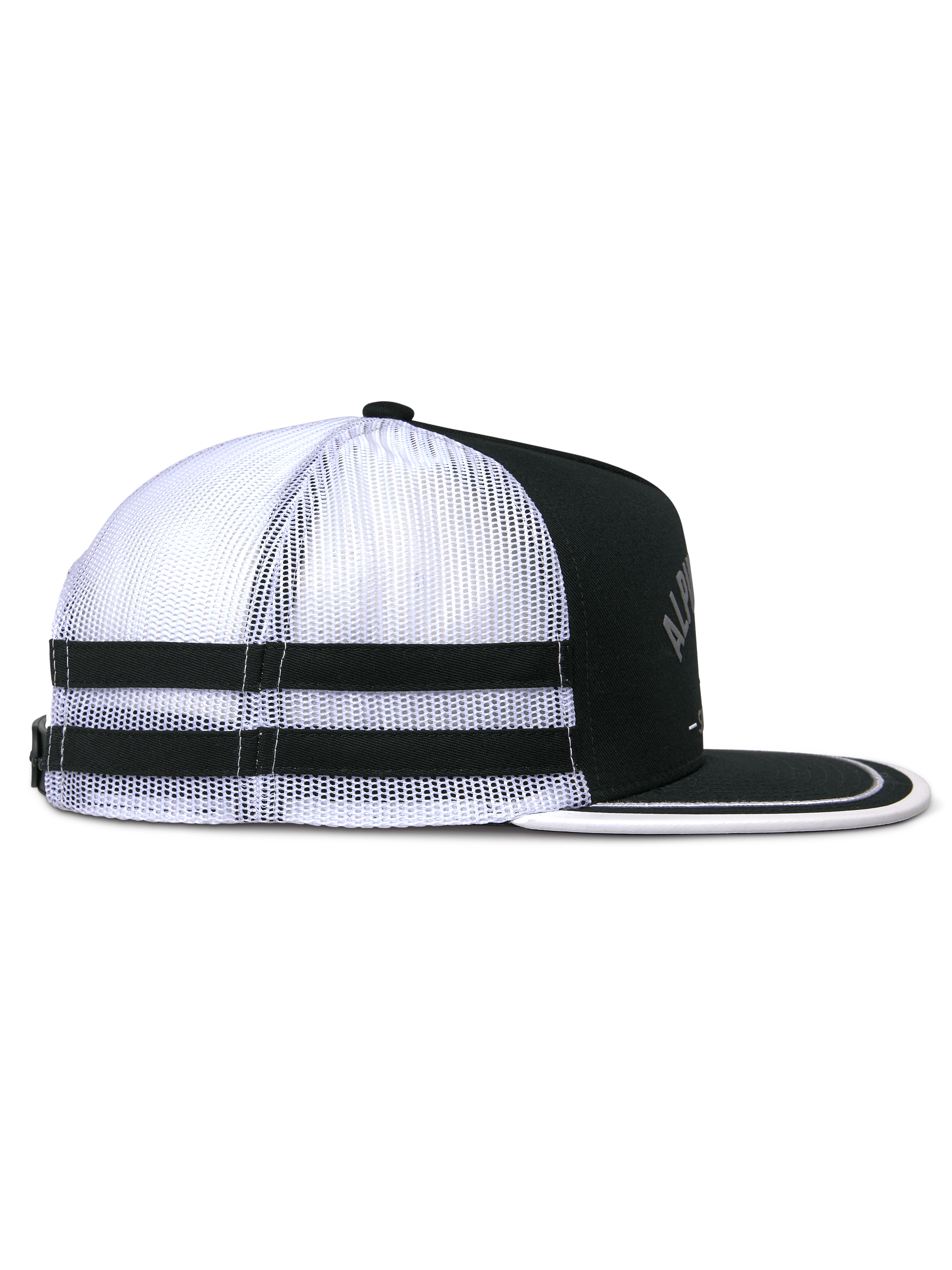 Alpinestars Backline Trucker Hat, Side View, Black White and Gray, featuring white mesh back with two black horizontal stripes, structured black crown, and flat bill with white trim, casual motorsport-inspired headwear.