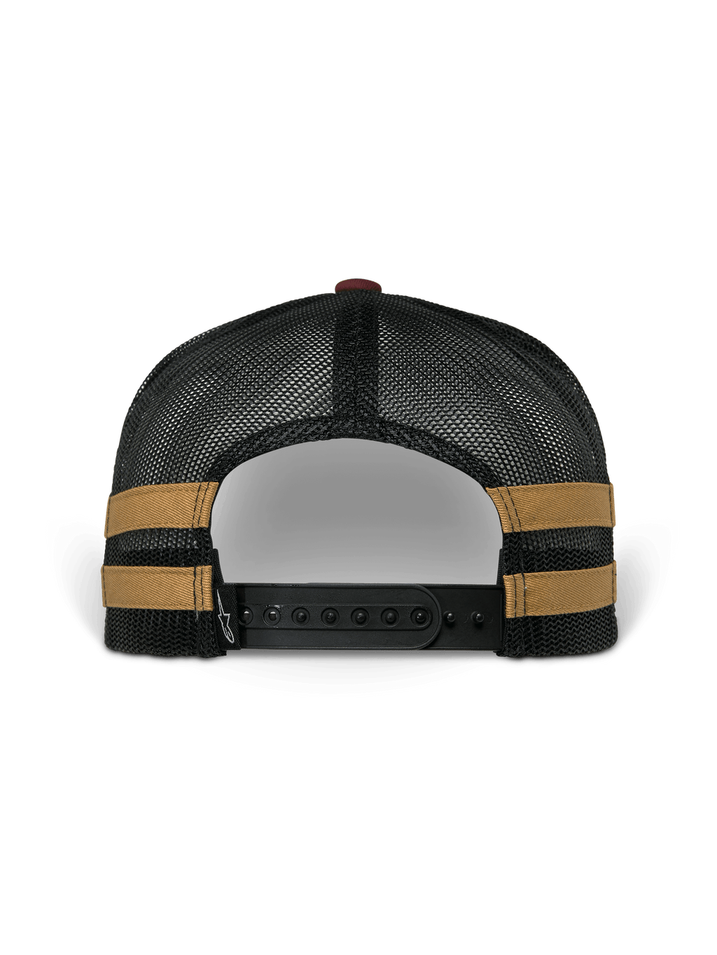 Gorra Trucker Backline de Alpinestars, vista trasera, malla de poliéster negra con franjas laterales color mostaza, cierre ajustable snapback negro, accesorio casual inspirado en el automovilismo