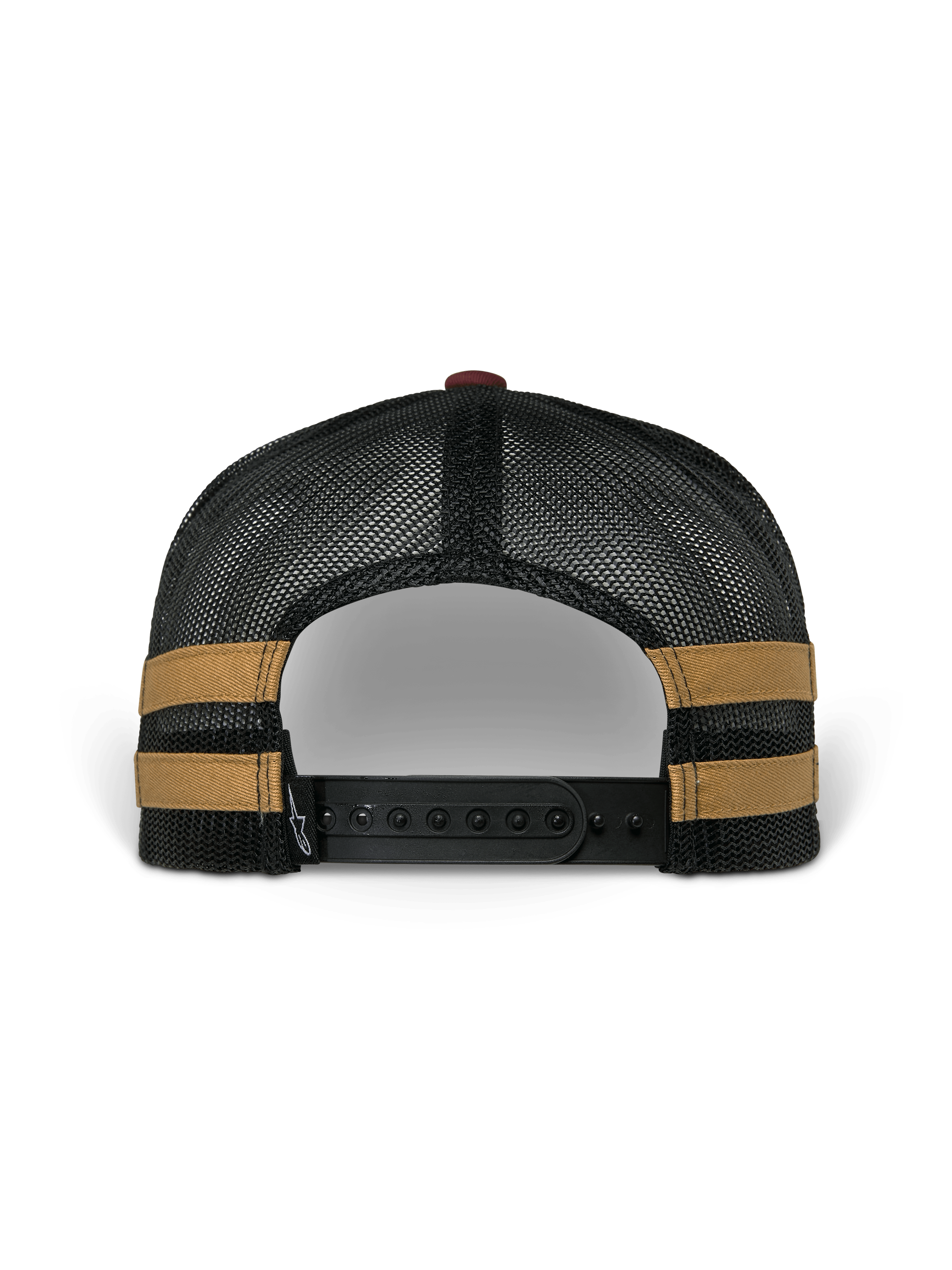 Gorra Trucker Backline de Alpinestars, vista trasera, malla de poliéster negra con franjas laterales color mostaza, cierre ajustable snapback negro, accesorio casual inspirado en el automovilismo