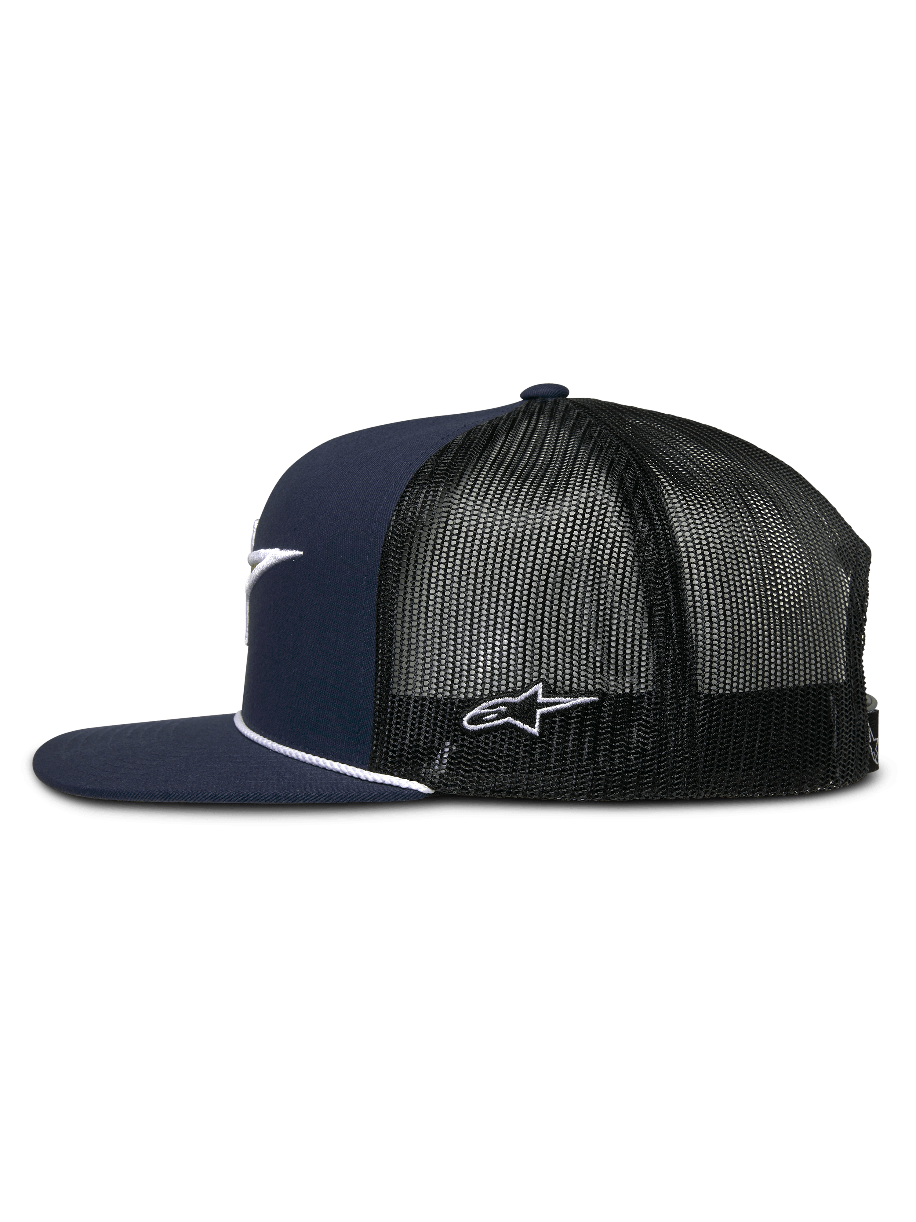Alpinestars Orion Trucker Hat, Navy Blue and Black, side view, structured crown with flat bill and white rope trim, breathable black mesh back with white logo embroidery, casual motorsport-inspired headwear