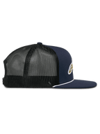Alpinestars Orion Trucker Hat, side profile view, Navy Blue twill front with Black mesh back, flat bill featuring white rope trim, structured crown, casual motorsport headwear