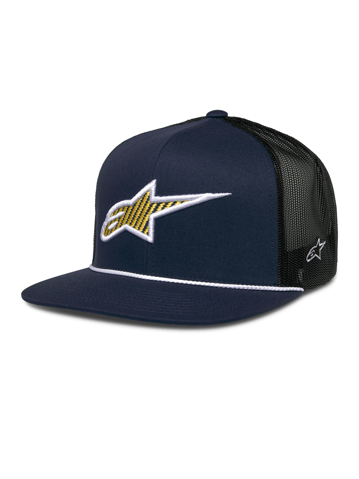 Alpinestars Orion Trucker Hat, Navy Blue and Black, structured front panel with 3D embroidered yellow and white star logo, black mesh back, white rope detail on flat brim, small white star emblem on side