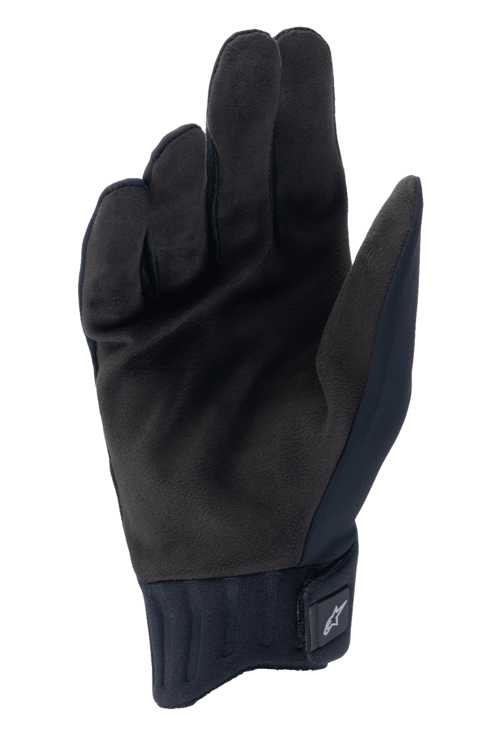 Guantes de lluvia Alpinestars A-Dura, guantes de ciclismo negros, vista de la palma que muestra material de gamuza sintética, puño de neopreno acanalado con cierre de gancho y bucle, diseño de perfil bajo para ciclismo de montaña y protección para climas húmedos