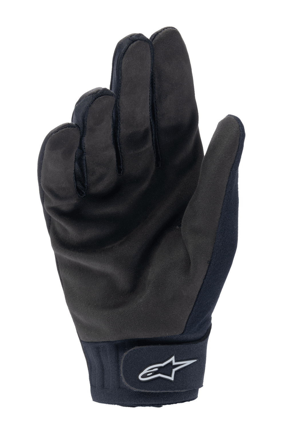 Guantes térmicos Alpinestars A-Dura, guantes de ciclismo MTB negros, vista de la palma que muestra la gamuza sintética resistente y el cierre de muñeca de gancho y bucle con el logotipo blanco de Alpinestars, equipo de ciclismo térmico para clima frío