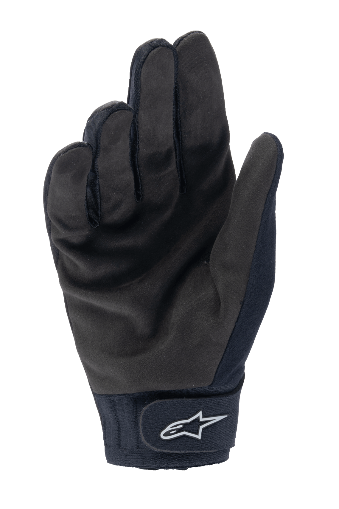 Guantes térmicos Alpinestars A-Dura, guantes de ciclismo MTB negros, vista de la palma que muestra la gamuza sintética resistente y el cierre de muñeca de gancho y bucle con el logotipo blanco de Alpinestars, equipo de ciclismo térmico para clima frío