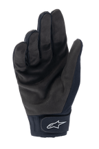 Guantes térmicos Alpinestars A-Dura, guantes de ciclismo MTB negros, vista de la palma que muestra la gamuza sintética resistente y el cierre de muñeca de gancho y bucle con el logotipo blanco de Alpinestars, equipo de ciclismo térmico para clima frío