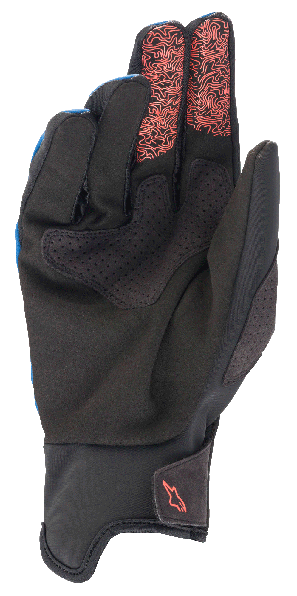 Guantes Alpinestars Denali 2, guantes de MTB, color Mid Blue Black Coral Fluo, vista de la palma que muestra cuero sintético Clarino negro con detalles perforados, patrones topográficos en coral flúor en las puntas de los dedos índice y medio, y un pequeño logotipo coral en el puño.