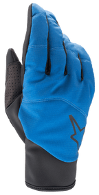 Guantes Alpinestars Denali 2, guantes de ciclismo de montaña MTB, azul medio y negro, con dorso de softshell resistente al clima, logo de estrella negro, refuerzo de pulgar perforado y puño elástico estilizado para montar en climas fríos.