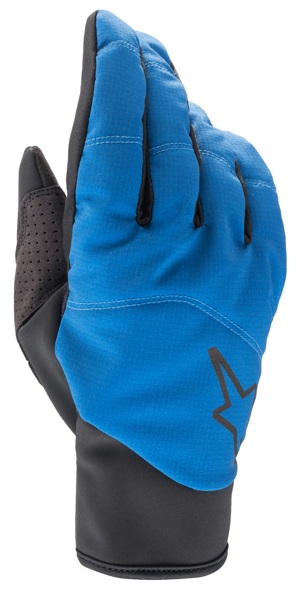 Guantes Alpinestars Denali 2, guantes de ciclismo de montaña MTB, azul medio y negro, con dorso de softshell resistente al clima, logo de estrella negro, refuerzo de pulgar perforado y puño elástico estilizado para montar en climas fríos.