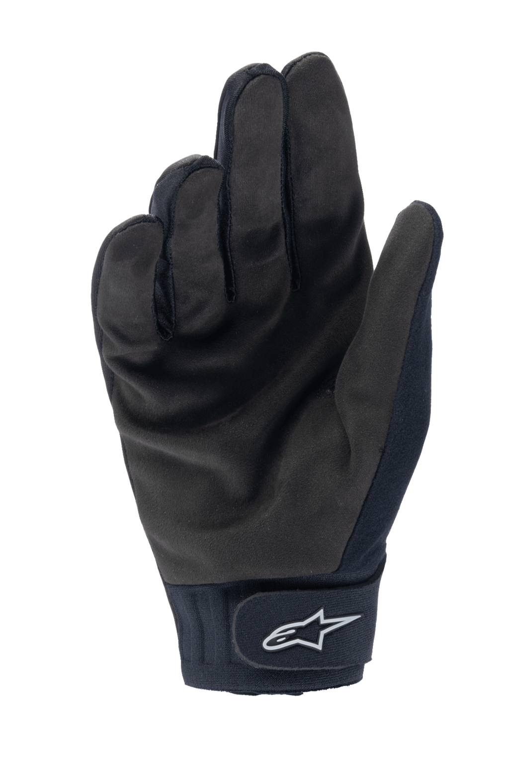 Guantes térmicos Alpinestars Stella A-Dura, guantes de ciclismo para mujer, negros, vista de la palma con textura de ante sintético, puño de neopreno con cierre de gancho y bucle y logotipo de estrella blanca, equipamiento de MTB para clima frío