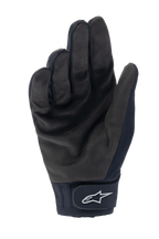 Guantes térmicos Alpinestars Stella A-Dura, guantes de ciclismo para mujer, negros, vista de la palma con textura de ante sintético, puño de neopreno con cierre de gancho y bucle y logotipo de estrella blanca, equipamiento de MTB para clima frío