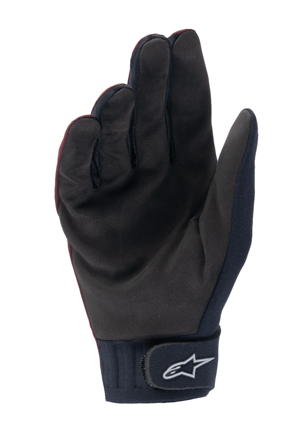 Guantes térmicos Alpinestars Stella A-Dura, guantes de MTB para mujer, granate oscuro y negro, vista de la palma que muestra el material de ante sintético, puño de neopreno con correa de gancho y bucle con el logotipo blanco de Alpinestars, diseñados para ciclismo en climas fríos