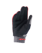 Guantes Alpinestars Youth A-Dura, guantes de mountain bike, rojo flúor y negro, vista de la palma que muestra el material de ante sintético, puño de neopreno gris con correa de gancho y bucle con el logotipo de Alpinestars en rojo, diseñados para ciclismo juvenil