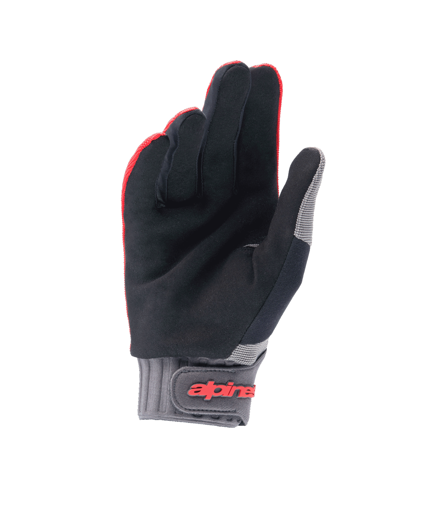 Guantes Alpinestars Youth A-Dura, guantes de mountain bike, rojo flúor y negro, vista de la palma que muestra el material de ante sintético, puño de neopreno gris con correa de gancho y bucle con el logotipo de Alpinestars en rojo, diseñados para ciclismo juvenil