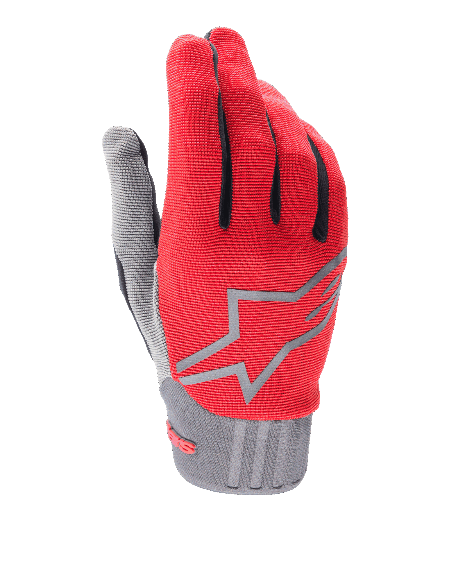 Guantes Alpinestars Youth A-Dura, rojo y gris, guantes de ciclismo de montaña para niños, con un logotipo de estrella gris en el dorso, detalles negros en los dedos y puño gris texturizado, tejido sintético ligero para ciclismo off-road