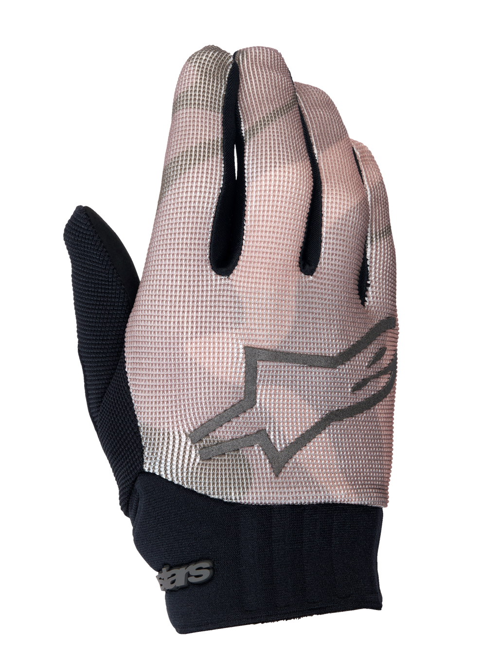 Guantes Alpinestars Youth A-Dura, guantes de ciclismo de montaña, camuflaje marrón y negro, con logotipo de estrella gris en el dorso, puño de neopreno negro y parte superior textil transpirable para ciclistas juveniles