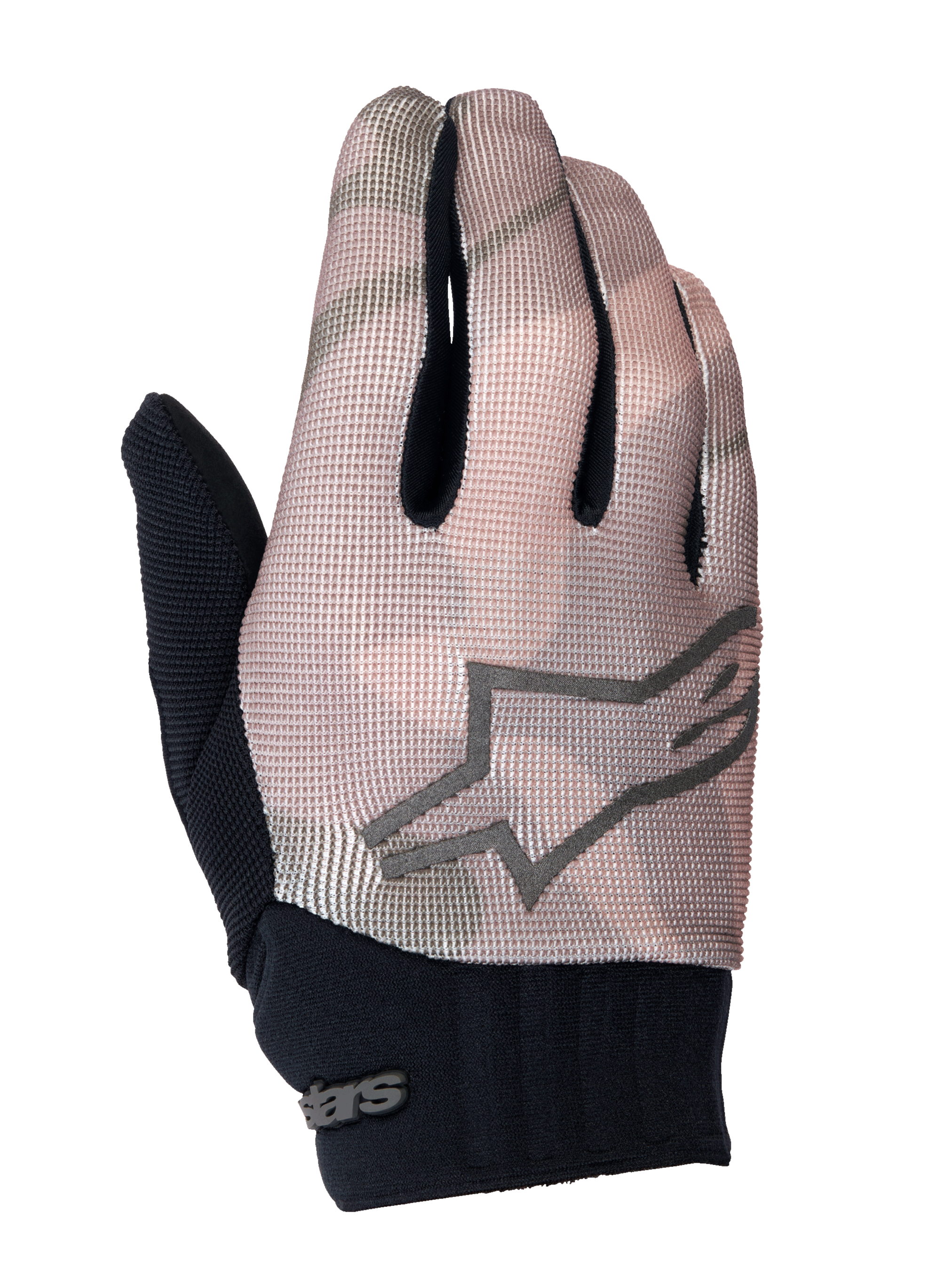 Guantes Alpinestars Youth A-Dura, guantes de ciclismo de montaña, camuflaje marrón y negro, con logotipo de estrella gris en el dorso, puño de neopreno negro y parte superior textil transpirable para ciclistas juveniles