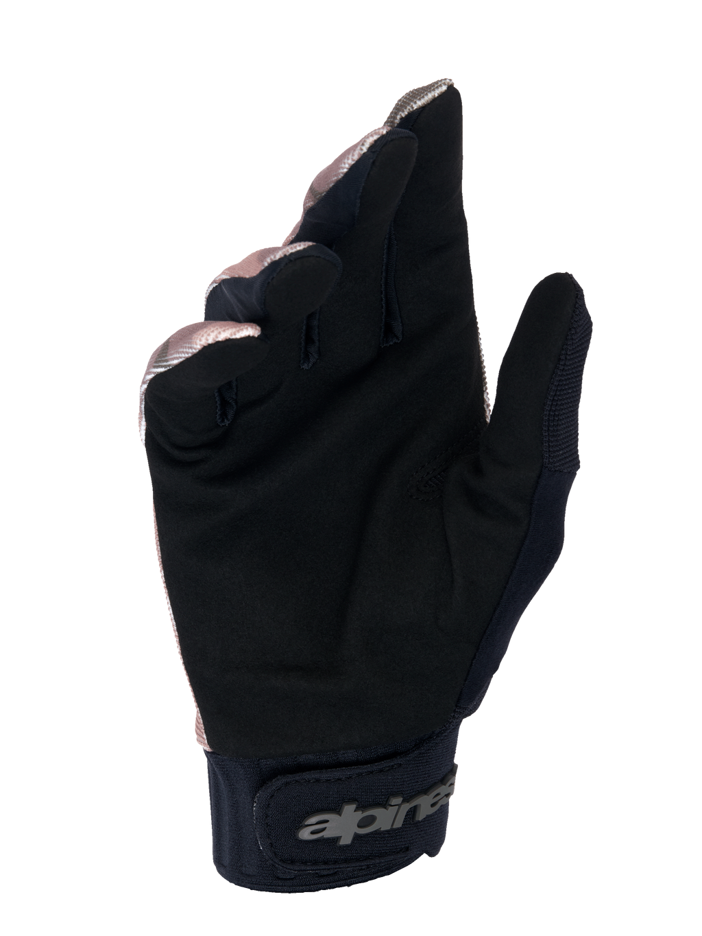 Guantes Alpinestars A-Dura Squad, guantes de MTB, camuflaje y marrón, vista de la palma que muestra ante sintético negro, puño de neopreno con cierre de gancho y bucle y logotipo de Alpinestars, diseño duradero para ciclismo de montaña