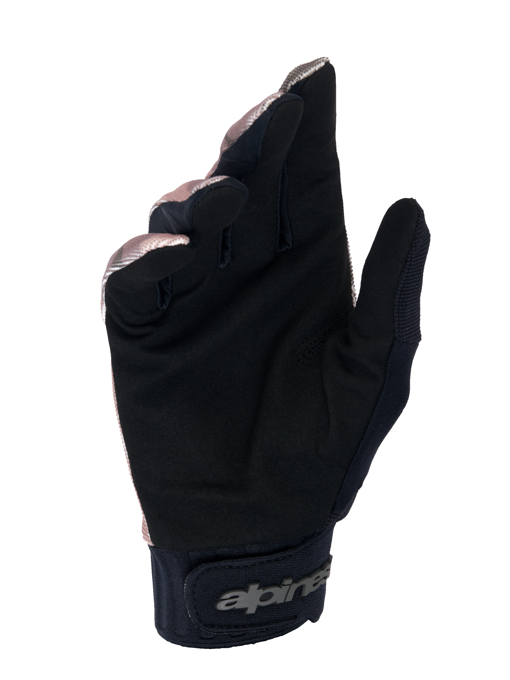 Guantes Alpinestars A-Dura Squad, guantes de MTB, camuflaje y marrón, vista de la palma que muestra ante sintético negro, puño de neopreno con cierre de gancho y bucle y logotipo de Alpinestars, diseño duradero para ciclismo de montaña