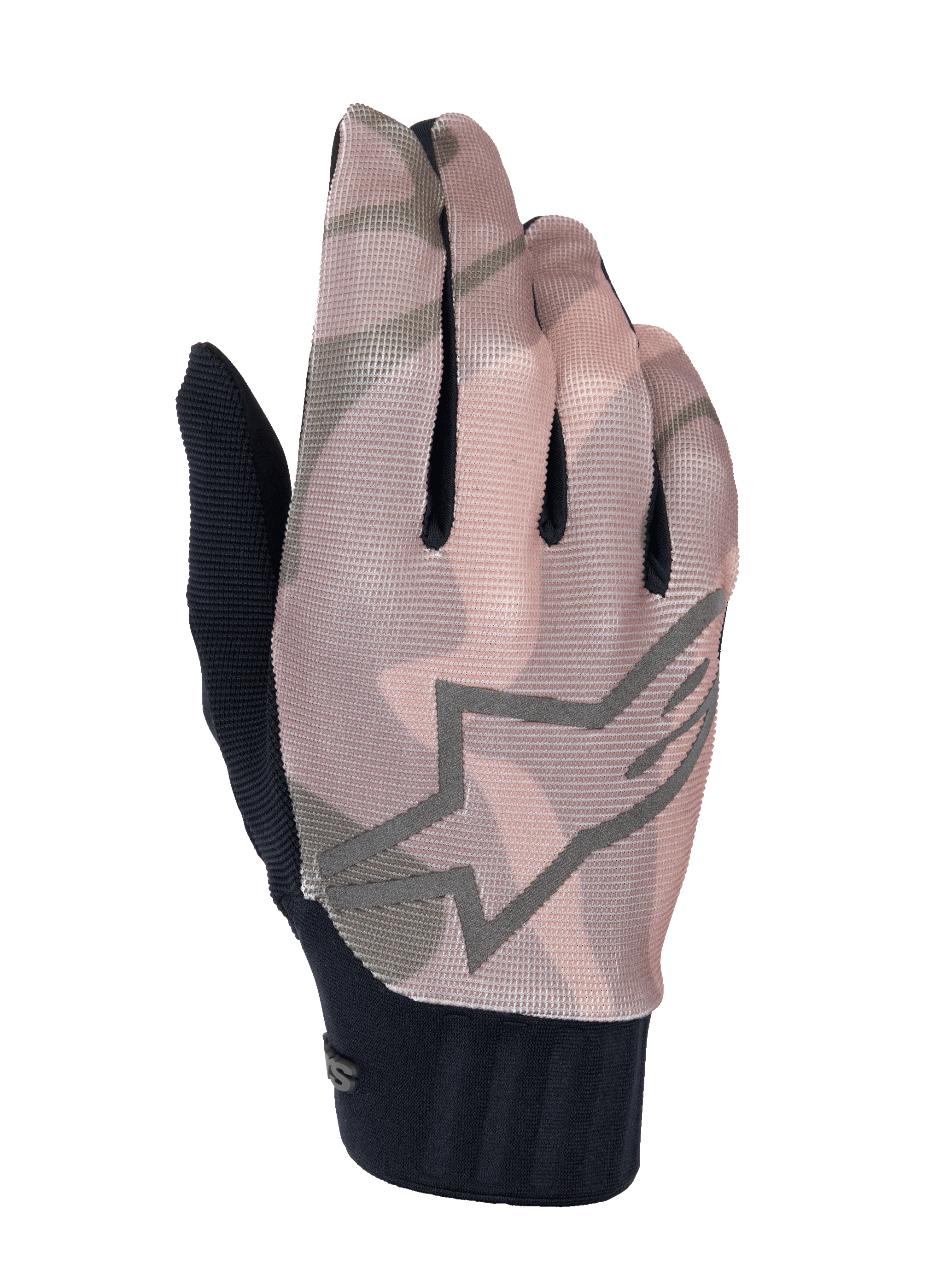 Guantes Alpinestars A-Dura Squad, guantes para bicicleta de montaña, patrón de camuflaje marrón y gris, con un gran contorno del logo de la estrella en el dorso, parte superior de malla texturizada y puño acanalado negro