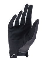 Guantes Alpinestars A-Aria, negros, vista de la palma que muestra ante sintético para el agarre, parche de palma reforzado y cierre de muñeca con gancho y bucle con el logo de Alpinestars, guantes ligeros para bicicleta de montaña