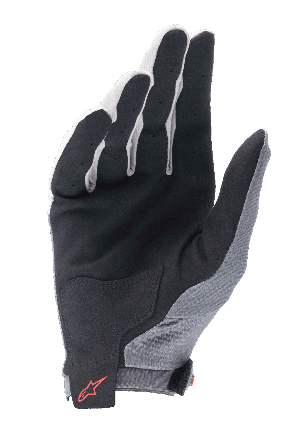Guantes Alpinestars A-Aria, gris oscuro y negro, vista de la palma de un guante de ciclismo ligero con palma de ante sintético negro, parche reforzado en la parte inferior de la palma, dedos ventilados y logotipo rojo de Alpinestars en el cierre de velcro de la muñeca