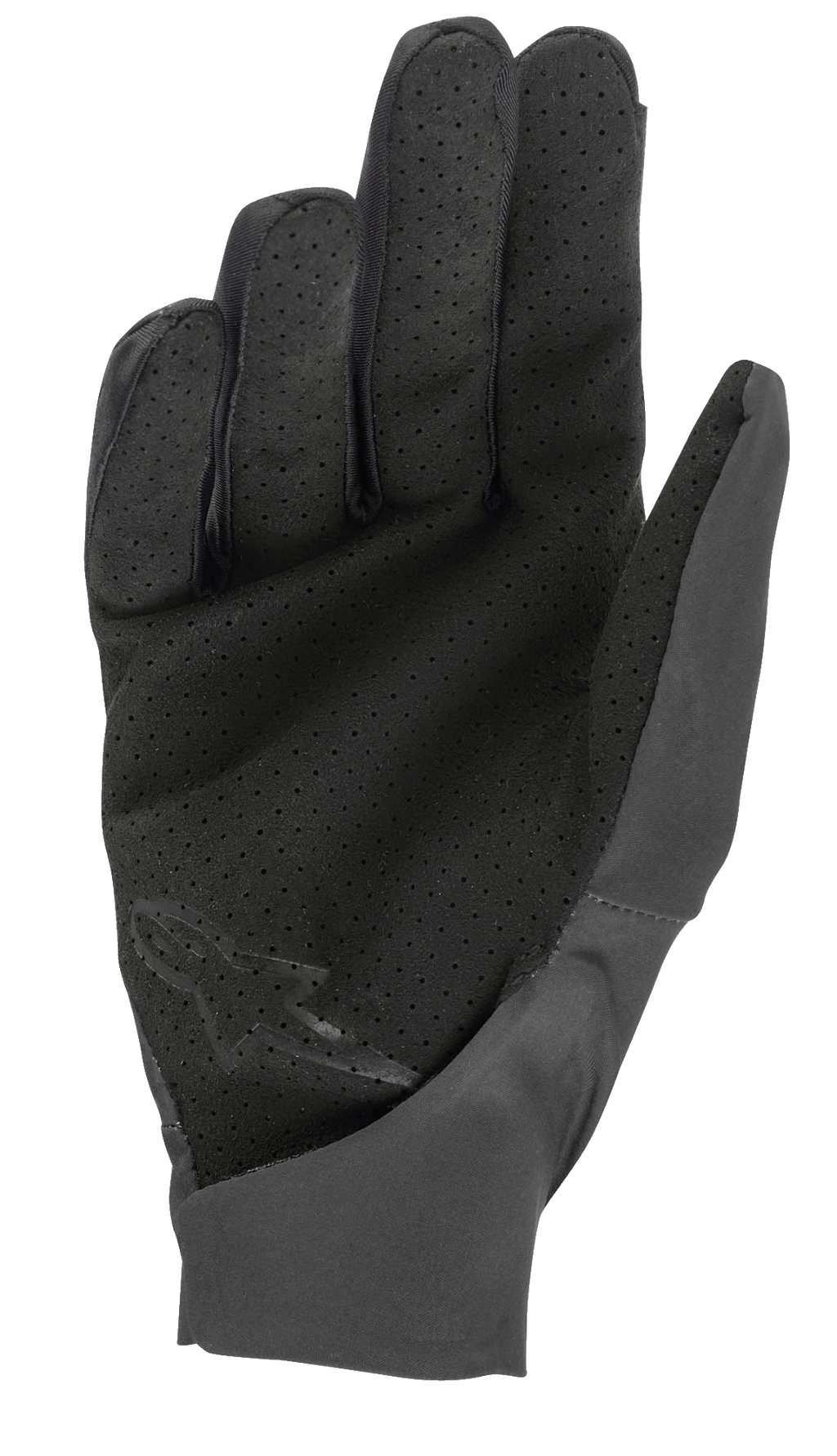 Guantes Alpinestars Drop 4.0, negros, vista de la palma que muestra el material perforado para el flujo de aire, construcción de ajuste ceñido con tejido elástico ligero, logotipo discreto en la parte inferior de la palma, diseñados para la práctica de enduro y MTB