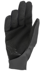 Guantes Alpinestars Drop 4.0, negros, vista de la palma que muestra el material perforado para el flujo de aire, construcción de ajuste ceñido con tejido elástico ligero, logotipo discreto en la parte inferior de la palma, diseñados para la práctica de enduro y MTB