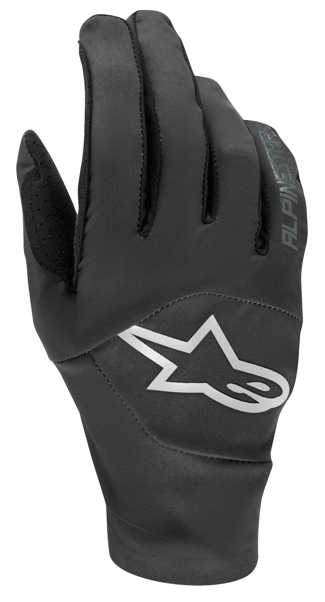 Alpinestars Drop 4.0 Gloves, Mountain Bike Gloves, Black, featuring a large white star logo on the backhand, breathable stretch mesh construction, and sleek ergonomic design for enduro riding